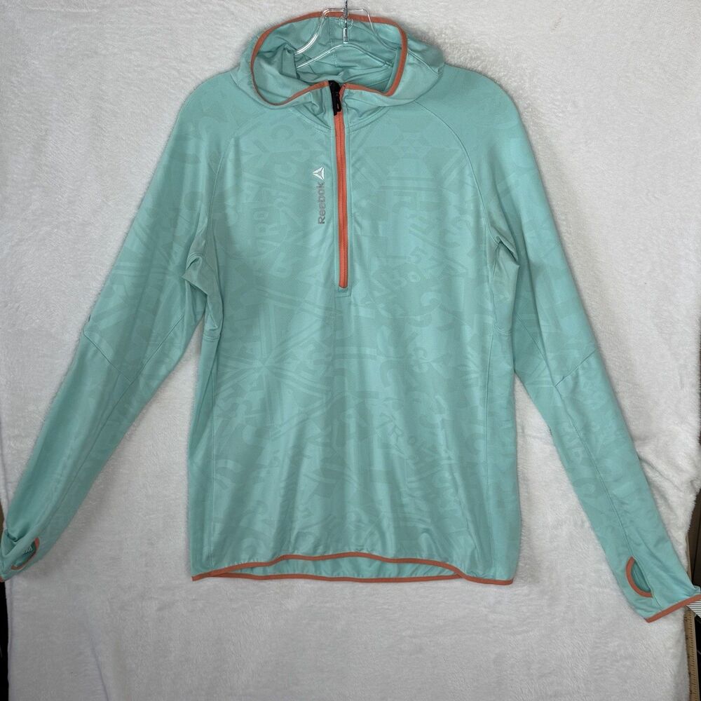 Reebok Women's Size L Performance Quarter Zip Pullover Top Aqua blue orange trim